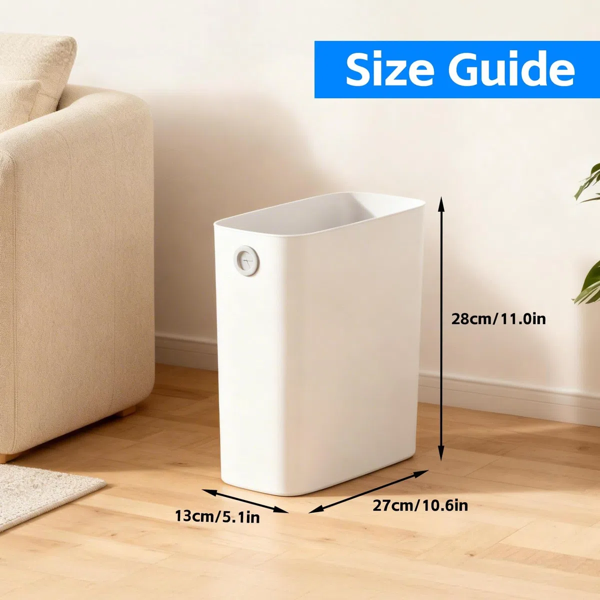 Cestino della spazzatura rettangolare in plastica ultra sottile, piccolo, per il bagno, con coperchio aperto, per ufficio, camera da letto, cucina, adatto per spazi ristretti (Bianco)