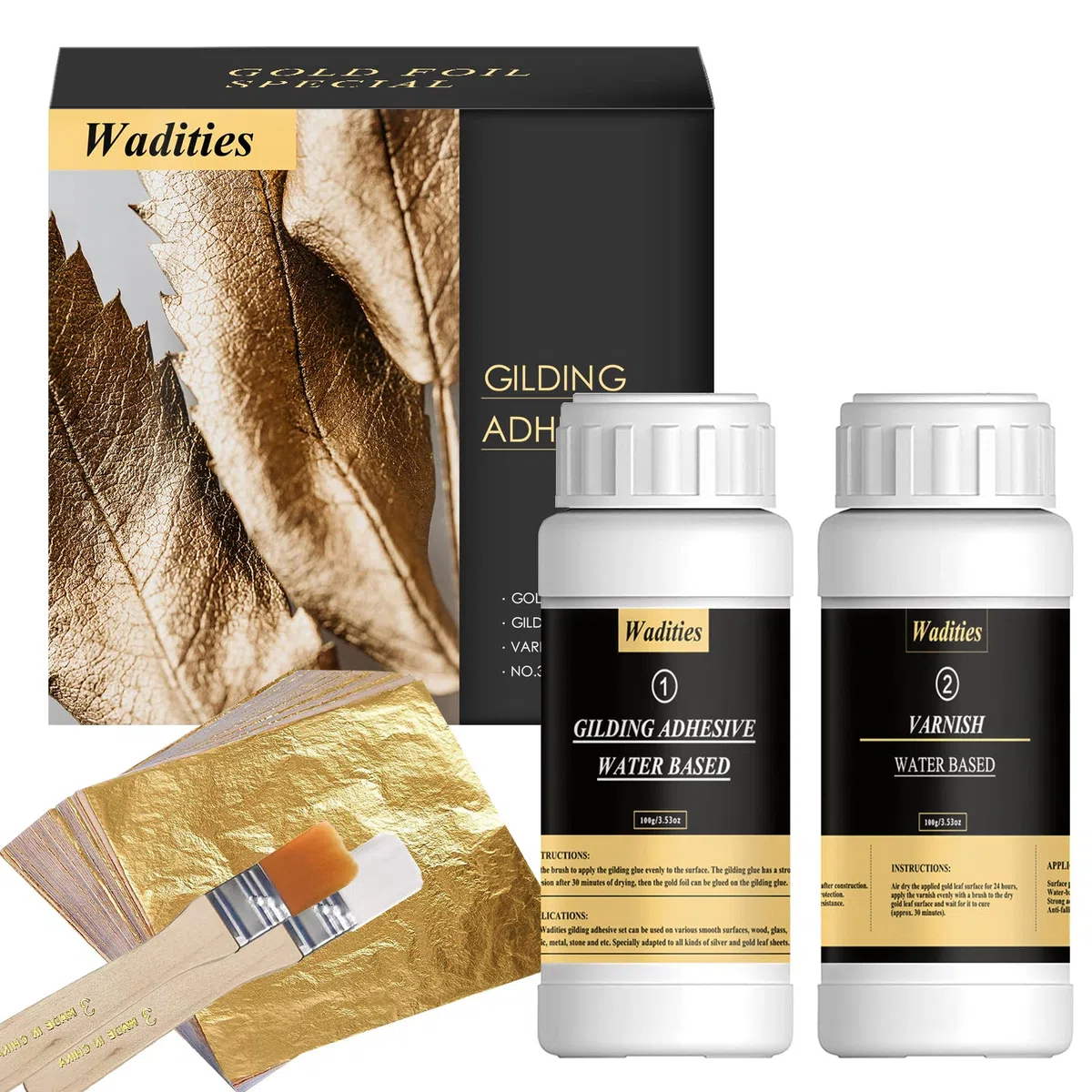 Wadities Set adesivo per doratura a foglia d'oro da 100 ml e vernice protettiva a base d'acqua da 100 ml, foglia d'oro, 100 pezzi, 2 pennelli, per bricolage, pittura e uso professionale