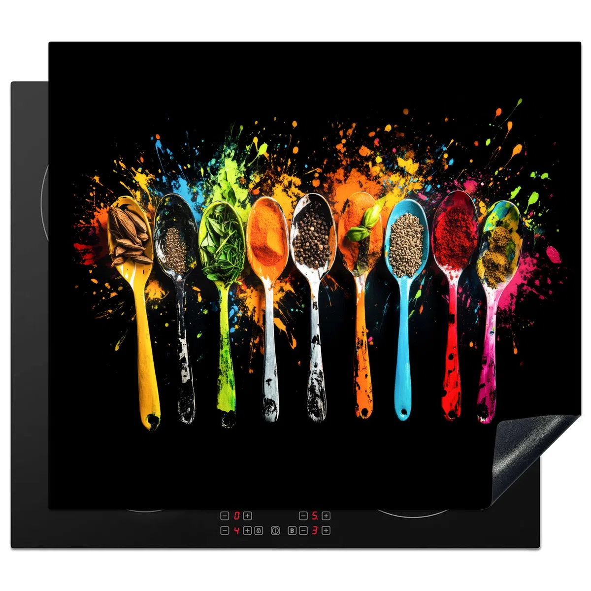 KitchenYeah© Coperchio Piano Cottura 60x52 cm Cucina Copri Fornelli Tappetino Induzione Antiscivolo Piastra Protezione Cucchiai - Spezie - Moderno - Graffiti - Colore