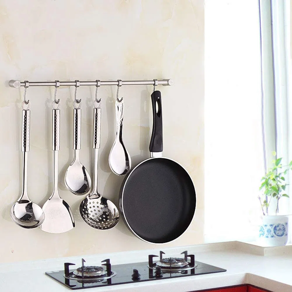 NACTECH Porta Utensili da Cucina Bagno in Acciaio Inox Barra Porta Mestoli, Padelle, Tazze, Ombrelli, con 7 Gancio Mobili Binario da Parete