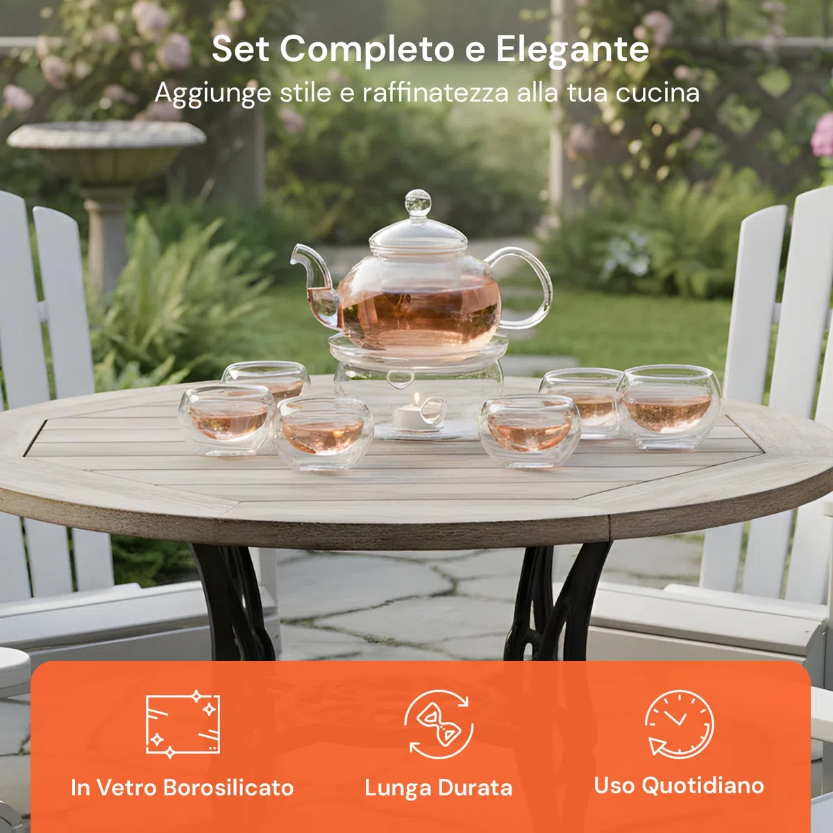 Avilia - Teiera in Vetro 600ml con Infusore e Base Portacandela, Set con 6 Tazzine Resistenti al Calore, Ideale per Tè Sfuso e Infusi, Elegante Idea Regalo Raffinata