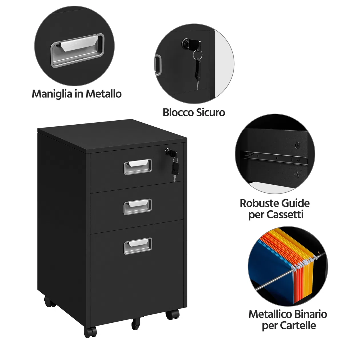 Yaheetech Cassettiera da Scrivania con 3 Cassetti Salvaspazio Archivio Schedario Portadocumenti Mobiletto da Ufficio Rimovibile con Ruote per Ufficio Studio (Nero)