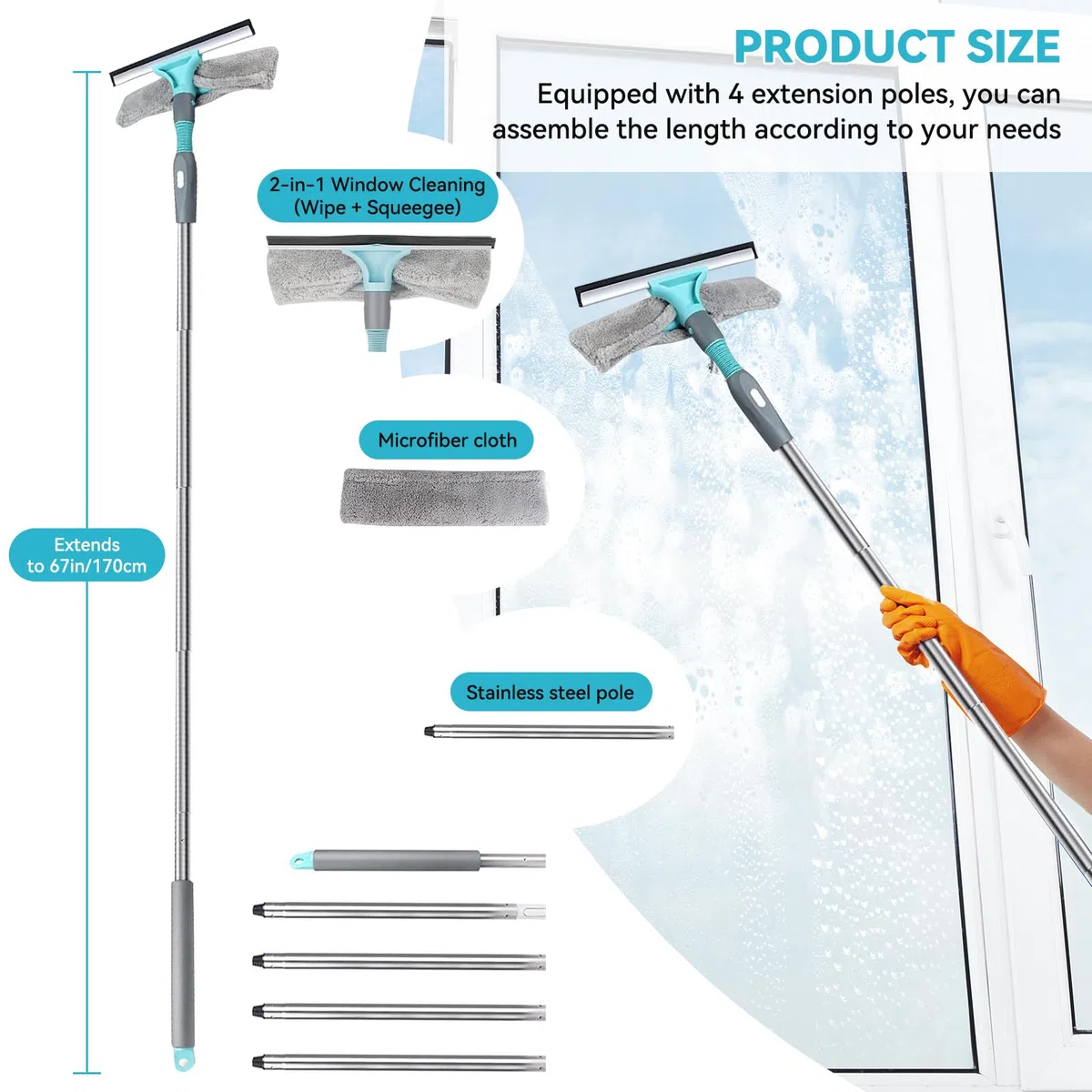 Cozary Lavavetri con Manico Telescopico(170cm), 2 in 1 con Tergivetro in Silicone e Lavavetri in Microfibra, Strumenti per la Pulizia dei Vetri per Bagno, Doccia, Auto, Vetro, Finestre