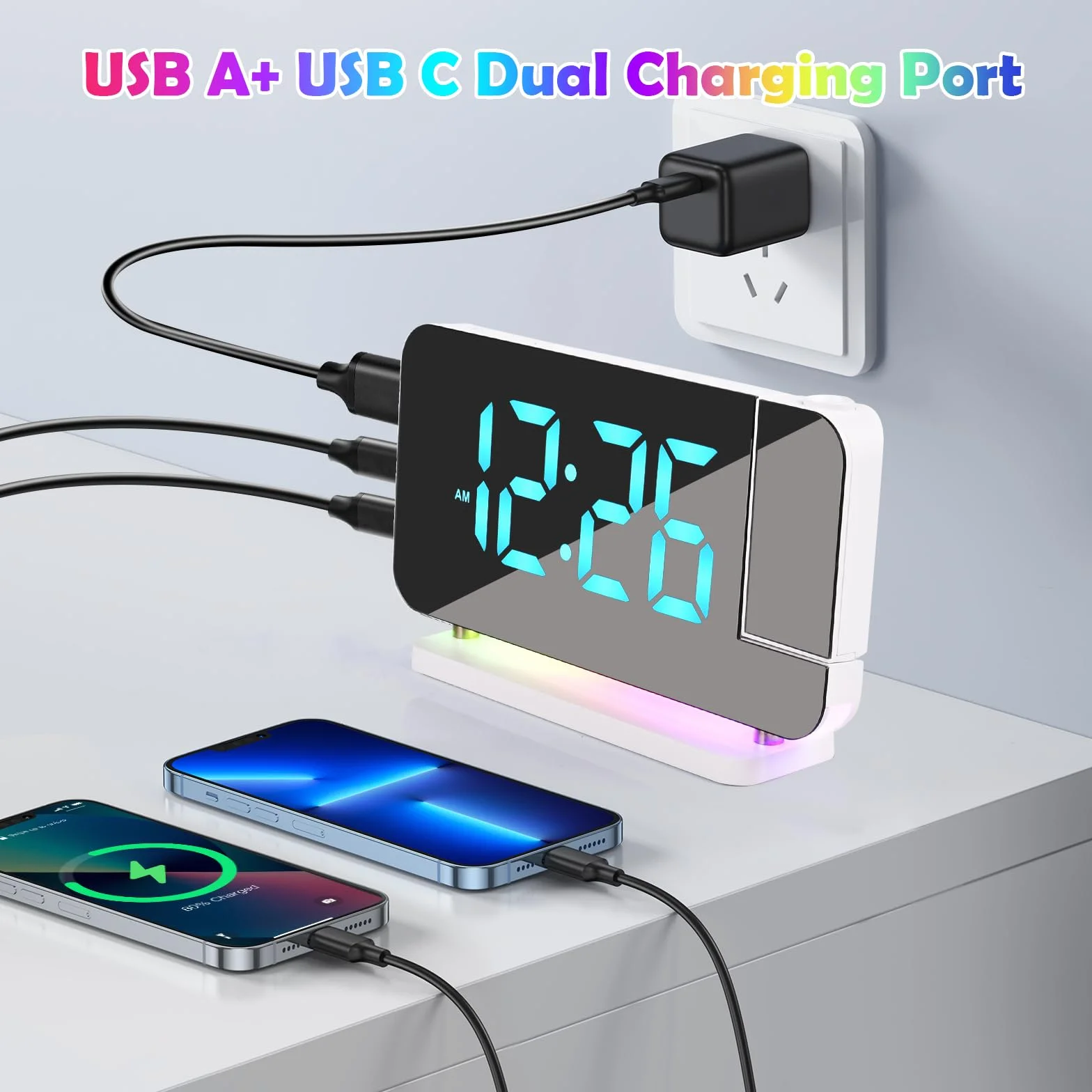 Euakee Sveglia Digitale, Sveglia con Proiezione, Orologio a Specchio LED da 7,4”, Luce Notturna a 10 Colori, Proiettore Ruotabile di 180°, Caricatore USB-C per Bambini Cameretta (Bianco)