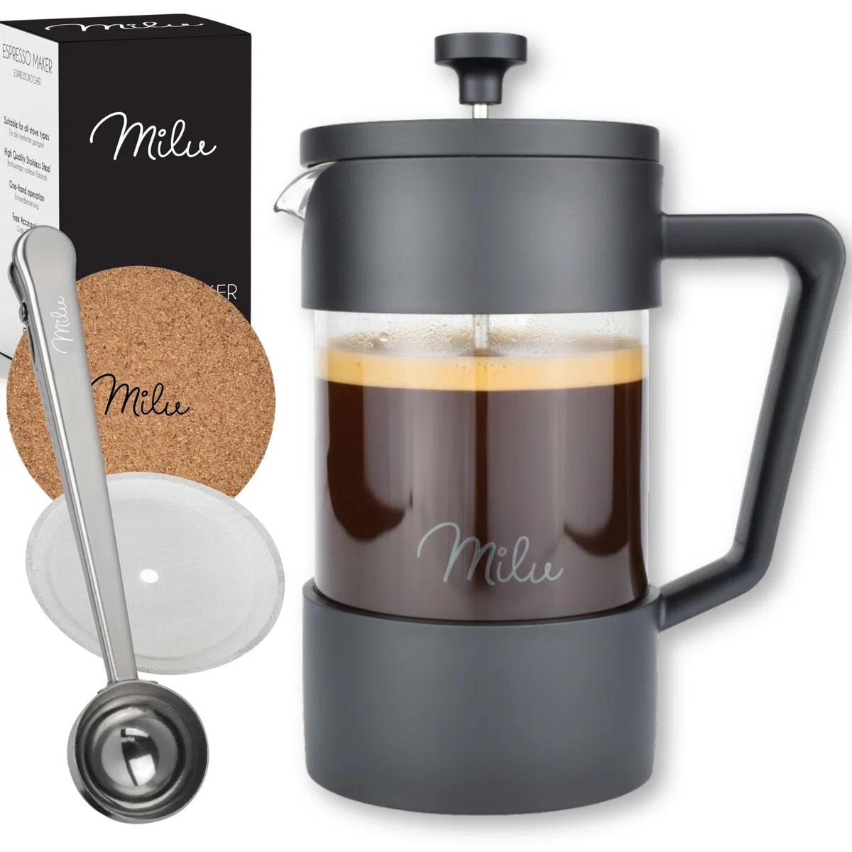 Milu Caffettiera francese Pressa per Caffè | 350ml 600ml 1L | Vetro French Press Caffettiera stantuffo (Nero, 600ml (3 tazze)