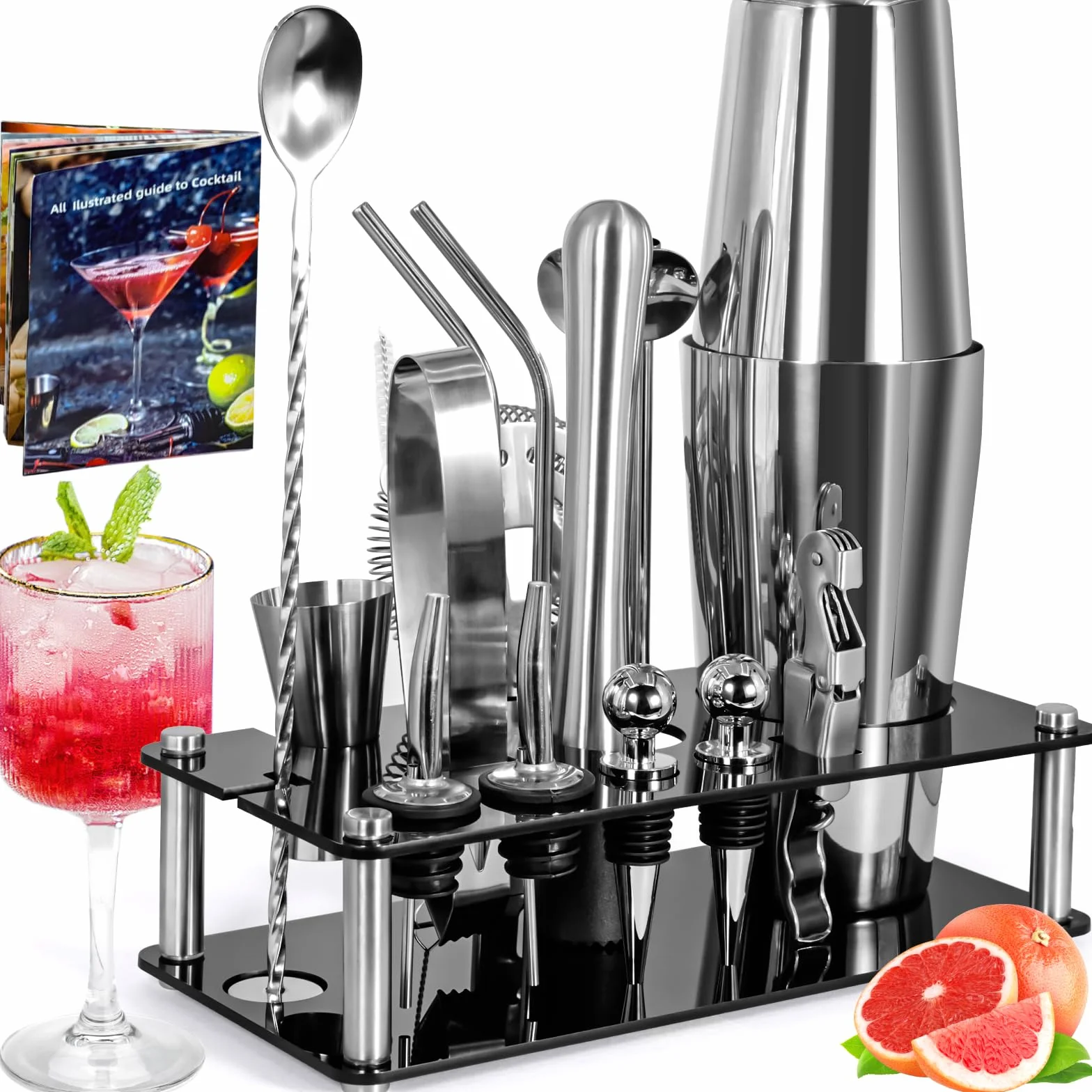 18 Pezzi Cocktail Shaker Set, Kit da Barman in Acciaio Inox, Kit Set Cocktail, Strumento Accessorio Barra Professionale, Set Regalo con Ricettario per Drink, Casa, Bar, Feste