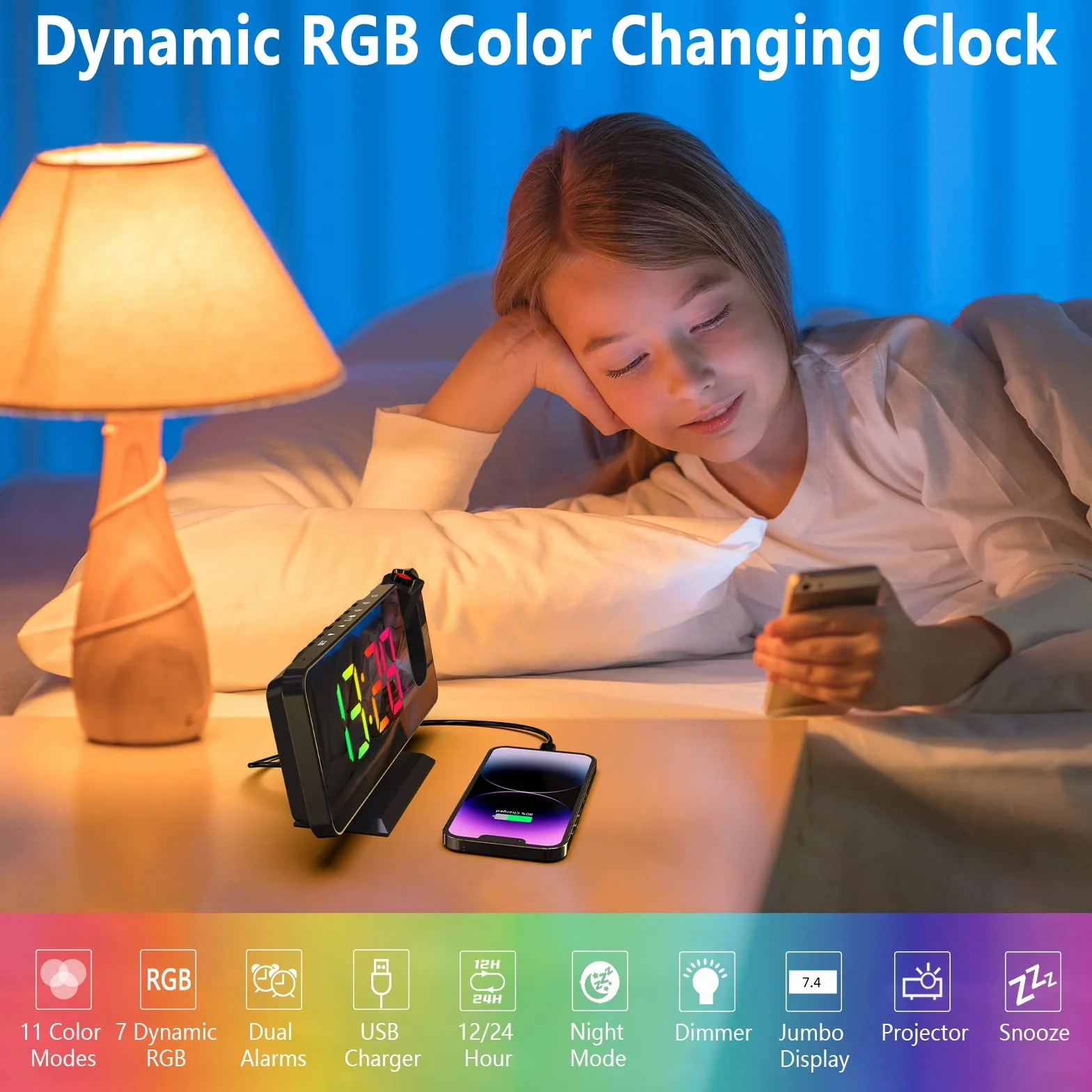 ThreeH Sveglia a Proiezione con 11 Colori RGB Cambiano Display LED a Specchio Orologio Digitale con porta di Ricarica USB Funzione Snooze 6 livelli di Luminosità Regolabile Nero