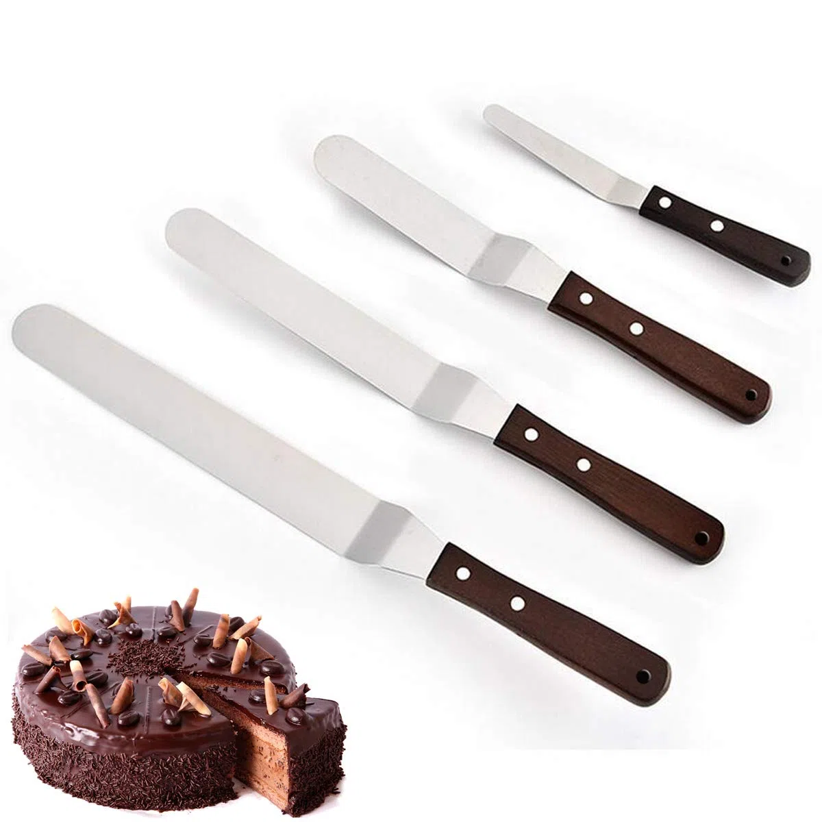 Set di 4 spatole professionali per glassa, in acciaio inox, con manico in legno, per decorare torte, glassare dolci e cupcake