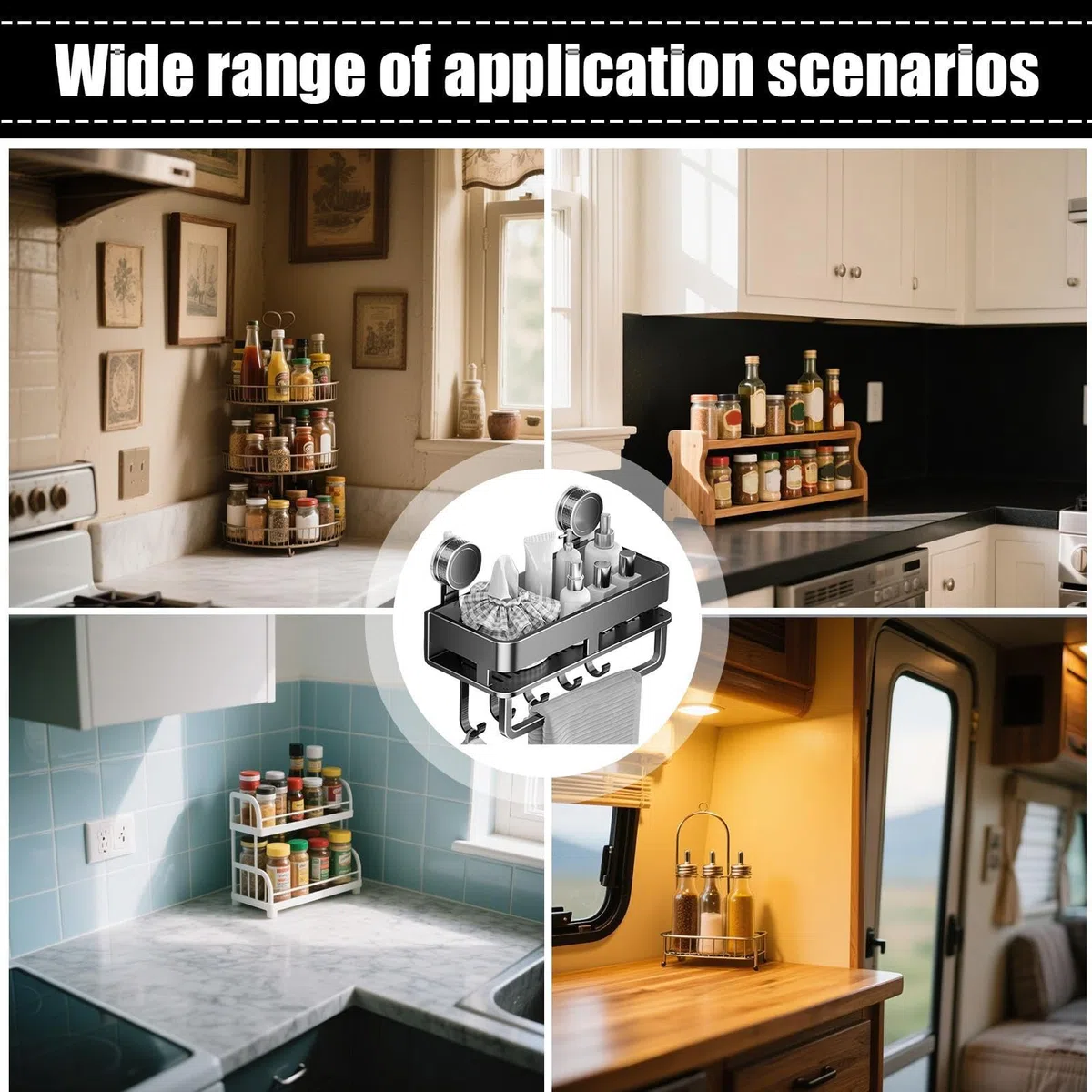Contenitore per condimenti, organizer per condimenti da cucina, con ventosa, con 5 ganci, gadget da cucina per piastrelle, vetro, metallo, marmo, dispensa, soggiorno, appartamento,