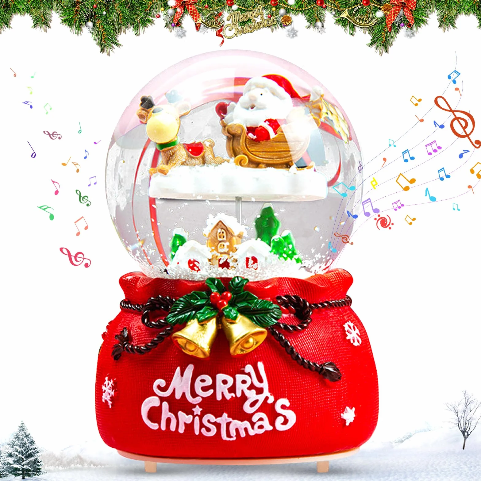 Palla di Neve Natalizia con Babbo Natale e Renne, Palla di Neve con Carillon e Luci, Palle di Neve Natalizie, Palla di Natale con Neve, Regali di Natale per Bambini, Ø 8,5 * 13.5cm