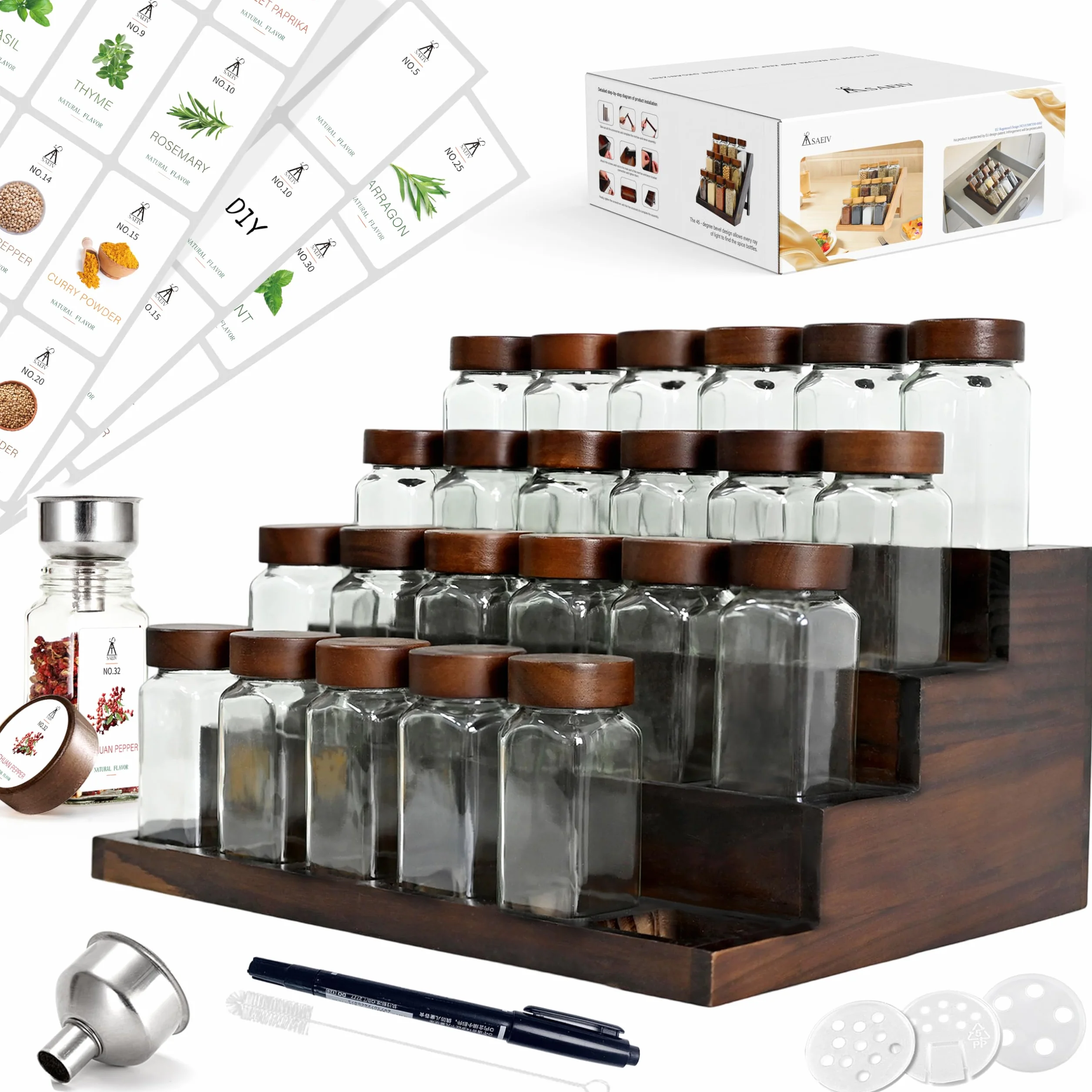 SAEIV 24 Barattoli Legno di Acacia Vetro Borosilicato Non Bruci Più la Pasta, Porta Spezie per Cucina Salva Spazio, Portaspezie Salvaspazio Piano e Cassetto con Imbuto Inox e 120 Etichettec