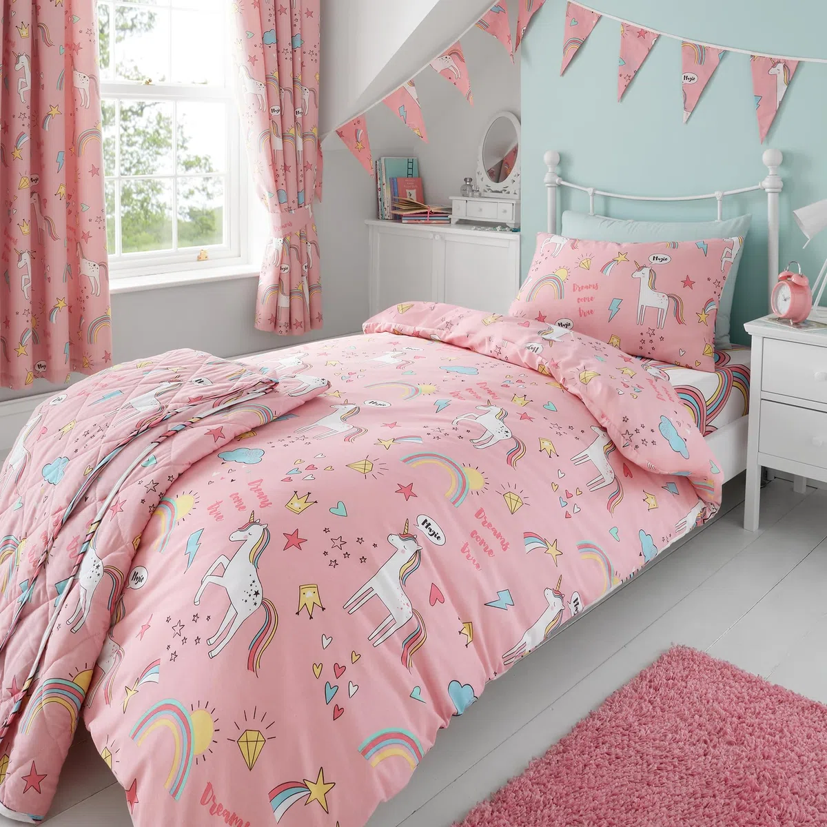 Set copripiumino - unicorni ed arcobaleni - double face - rosa - singolo