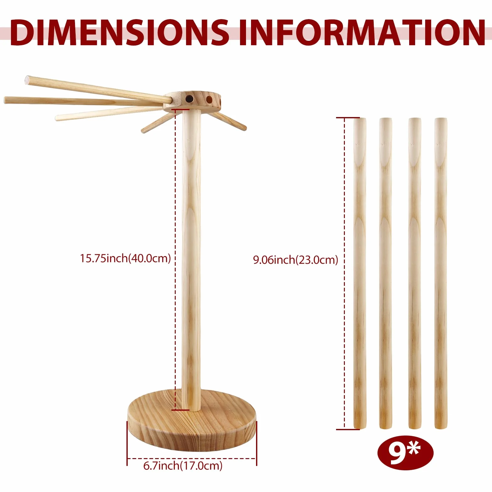 Essiccatore per pasta in legno, con 9 bracci rimovibili, per asciugare fino a 4,5 kg con base, per pasta e asciugacapelli