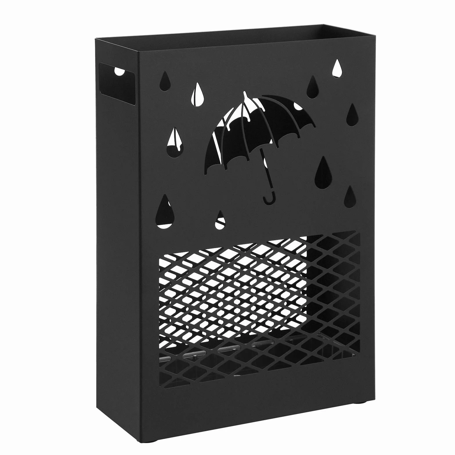 SONGMICS Porta Ombrelli in Metallo, Contenitore per Ombrelli Rettangolare con 4 Gancetti e Vaschetta Scolapioggia, Design Ritagliato, per Entrata, Ufficio, Nero LUC004B01