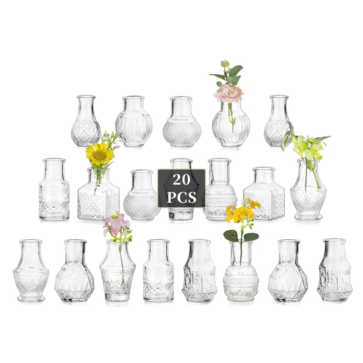 Glasseam Piccoli Vasi per Fiori per Centrotavola: Set di 20 Mini Vasi in Vetro Trasparente per Decorazioni Centrotavola per Matrimoni Tavoli da Pranzo e Tavoli da Sala da Pranzo