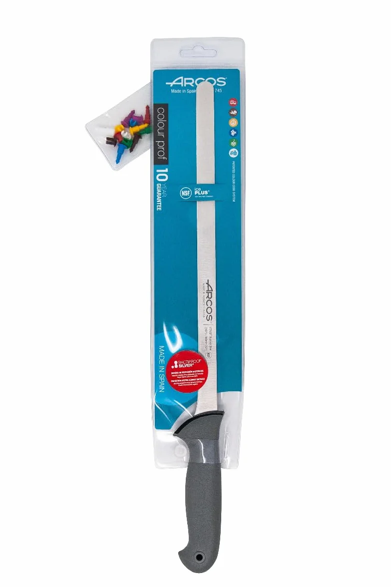 Arcos Coltello da Prosciutto con Lama in Acciaio Inossidabile 300 mm – Manico Ergonomico in Poliossimetilene POM, Maggiore Comodità, Adattabilità e Resistenza – Nero, Serie Colour Prof
