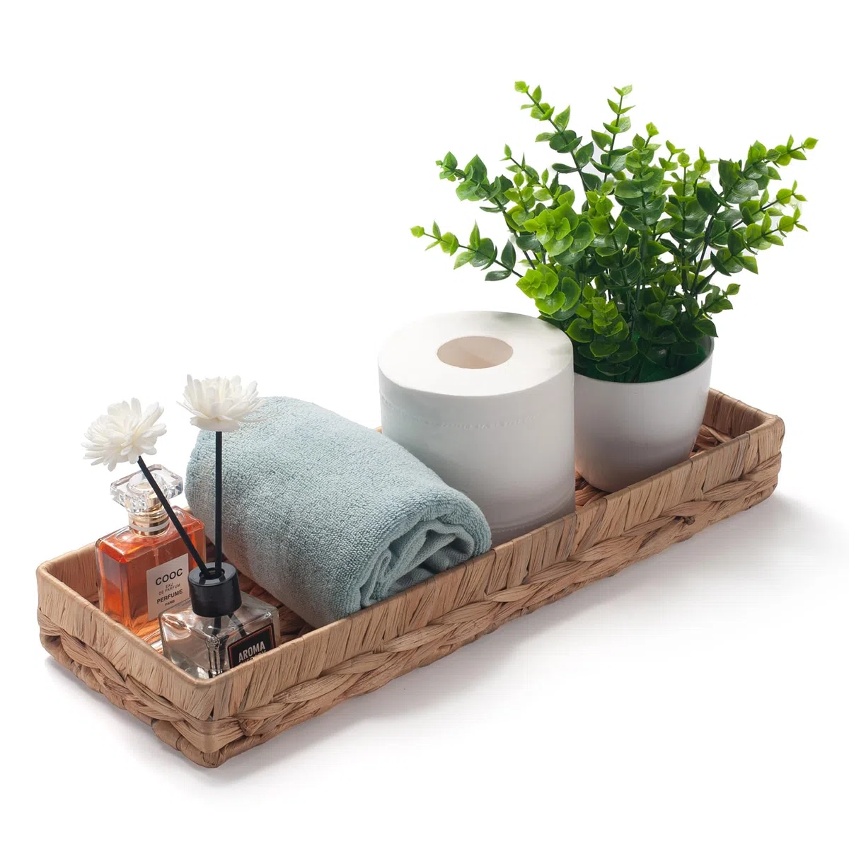 Vassoio Bagno Portaoggetti Rettangolare per Organizzare Giacinto d'acqua Cesto Vimini del Toilette Lungo Stretto Porta Asciugamani Ospiti (Naturale 41,5 x 15,5 x 5cm)