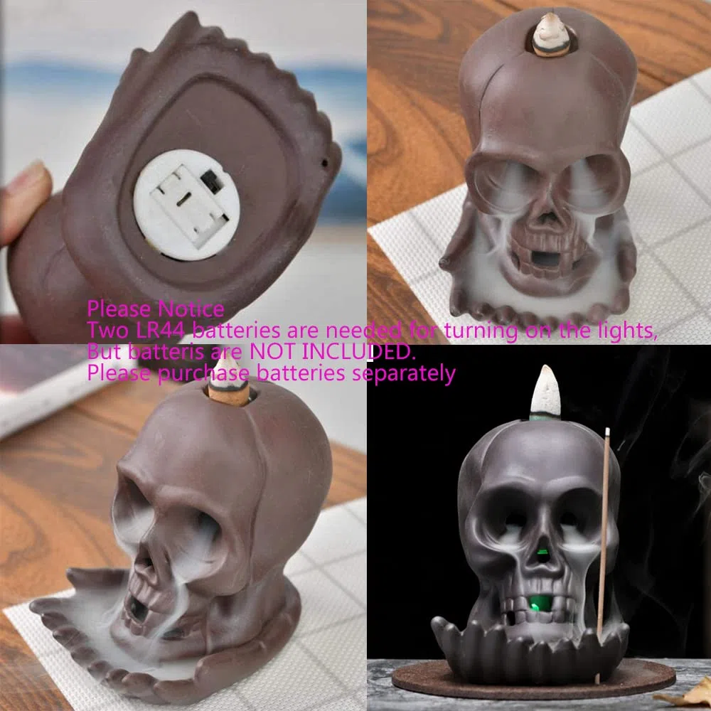 Bruciatore incenso a forma di teschio, cascata incenso, in ceramica, con 40 coni incenso+ 30 bastoncini incenso + 1 pinzetta + 1 tappetino per Halloween, bar, decorazione per feste in casa infestata
