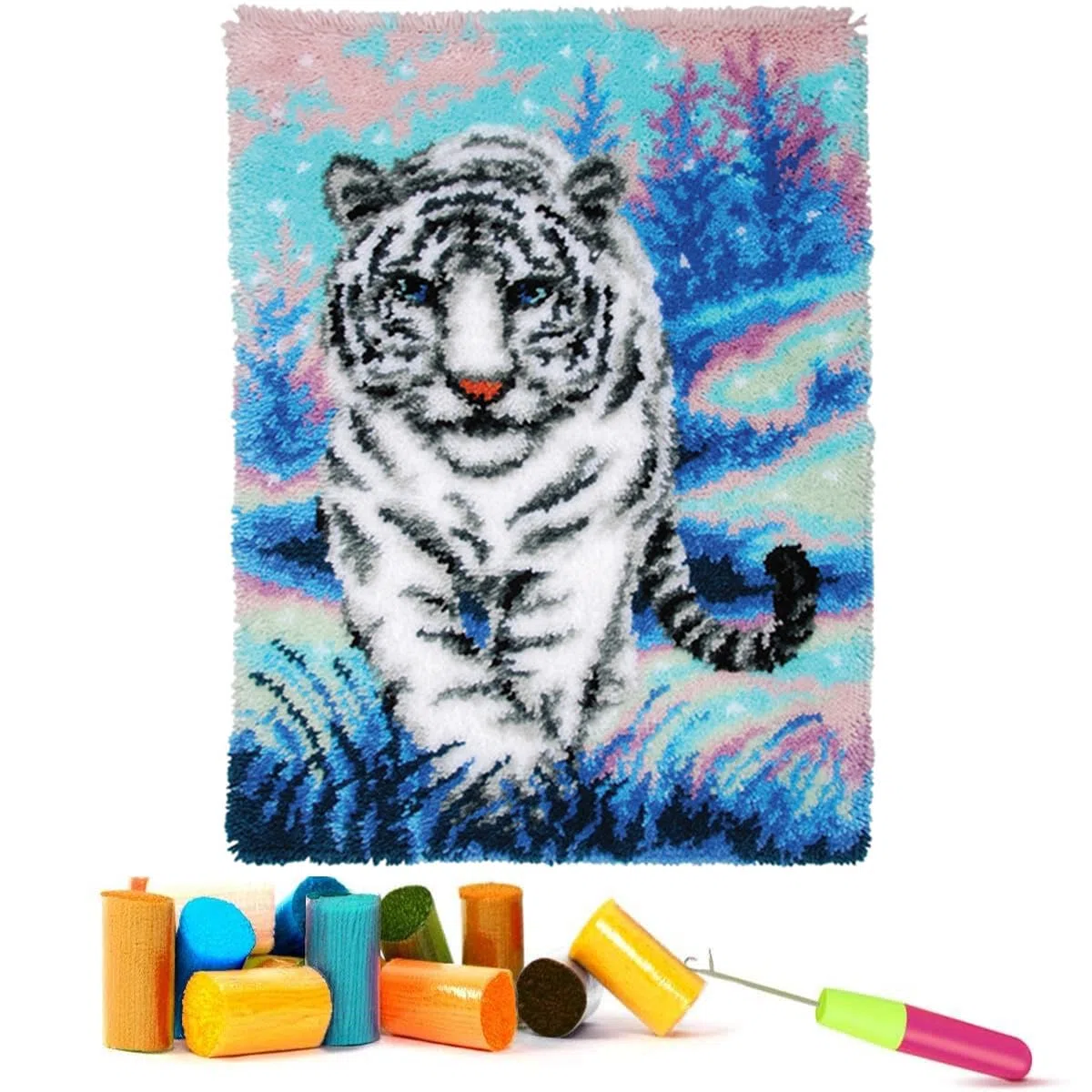 EMISTEM Kit di ganci per adulti, kit fai da te per bambini, kit all'uncinetto per principianti, kit per la realizzazione di tappeti con tela stampata, confezione regalo (tigre bianca che cammina sulla