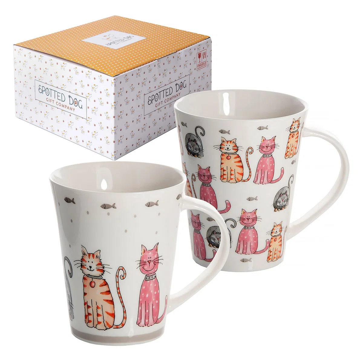SPOTTED DOG GIFT COMPANY Set di 2 Tazze Gatto da Caffè in Ceramica 360 ml per Caffè e Tè, Tazze con Gatti Carine e Colorate, Regalo per Gattara, Donna e Uomo