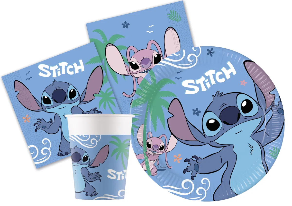 Ciao-Kit Party Tavola Disney Stitch & Angel per 24 persone (88 pezzi: 24 piatti Ø23cm, 24 bicchieri 200ml, 40 tovaglioli 33x33cm) in carta FSC
