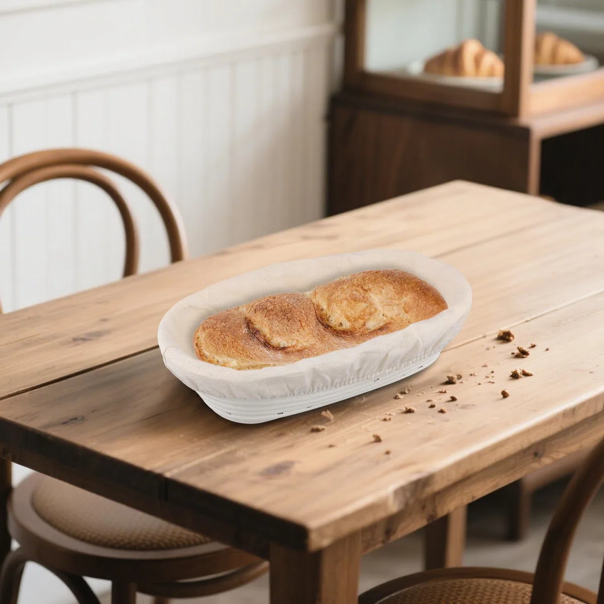 SINJEUN Set di 2 cestini ovali da 25 cm e 28 cm, in rattan con panno di lino, per pane, cucina, panetteria