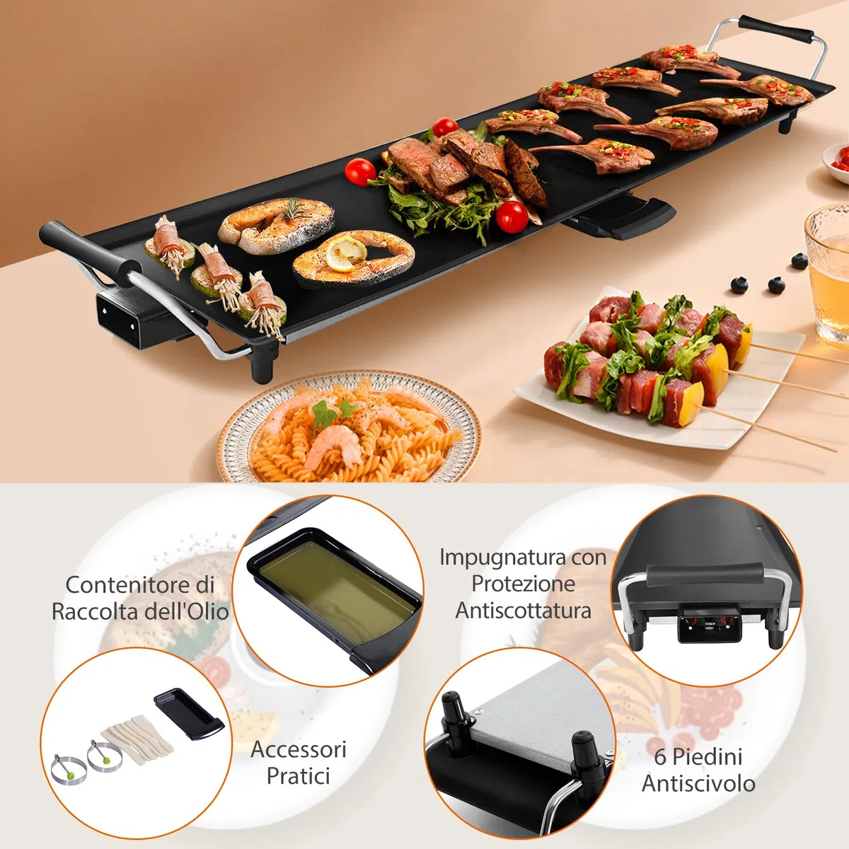 SOARS Piastra Elettrica 1800W, Barbecue Elettrico 5 Livelli di Temperatura, con Rivestimento Antiaderente, 6 Piccolo Supporto per Padella, per Cucinare, Grigliare (Piastra Liscia 90 X 23 CM)