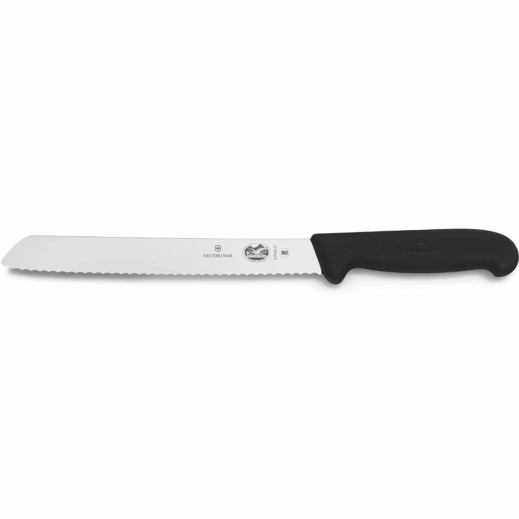 Victorinox Fibrox, Coltello da Pane con Filo Ondulato, Coltello affilato per Dolci e Pane, 21 cm, Lama Lunga, Acciaio Inossidabile, Nero