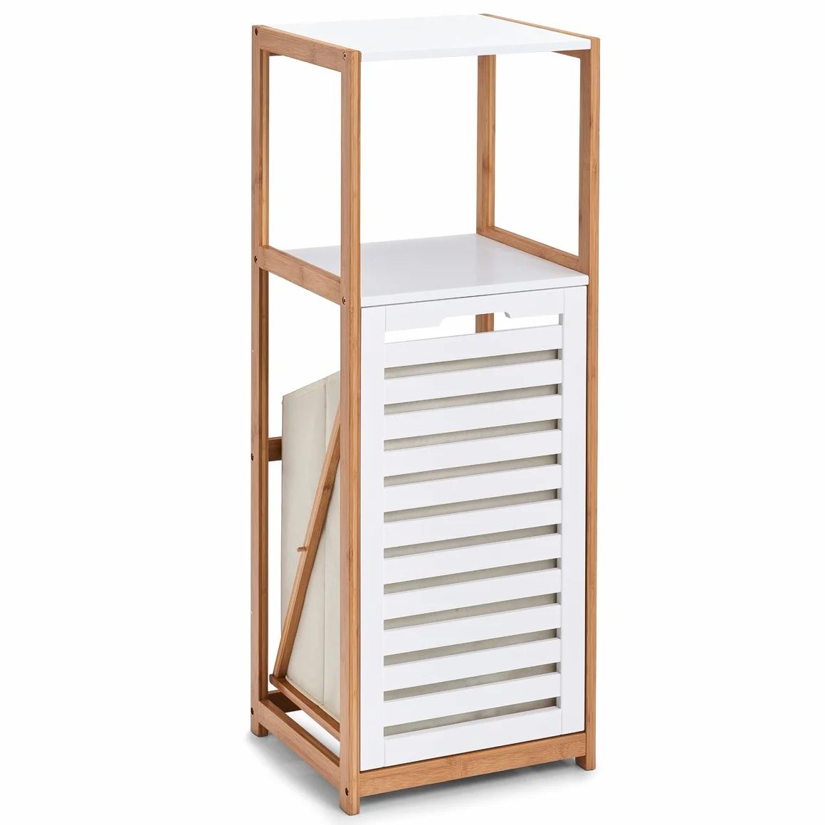 Zeller 18867 - Mensola con Cesto portabiancheria in bambù/MDF, ca. 36 x 33 x 98 cm, Colore: Bianco