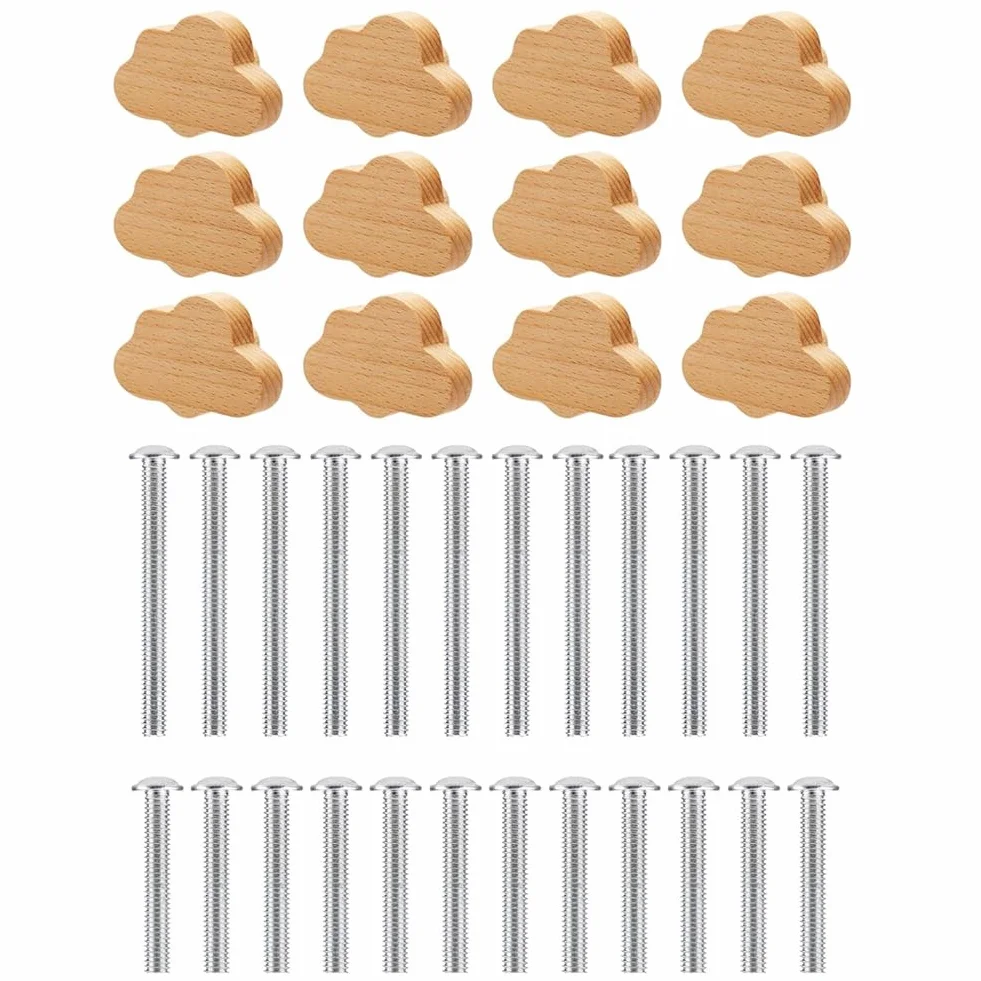 12 PCS Manopole Resistenti In Legno di Faggio A Forma di Nuvola per Cassetti. Maniglie In Legno per Cassettiere Dallo Stile Boho. Color Legno Adatto per Armadi e Mobili.