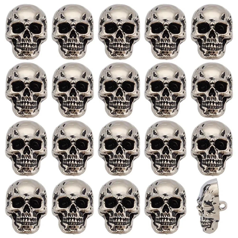 PH PandaHall 20pz Bottone A Forma di Teschio Bottone con Gambo A Forma di Scheletro Bottoni In Lega Bottoni Da Cucire per Abbigliamento Borse Cappelli Spille Artigianato, Argento Antico