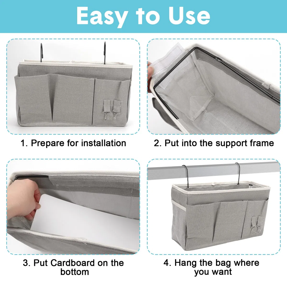 2pcs Confezione da Organizer da Appendere per Comodino con 3 Scomparti, Organizer da Appendere, Organizer da Porta, Mensola da Appendere, Borsa da Letto per Scuola, Dormitorio (Grigio)