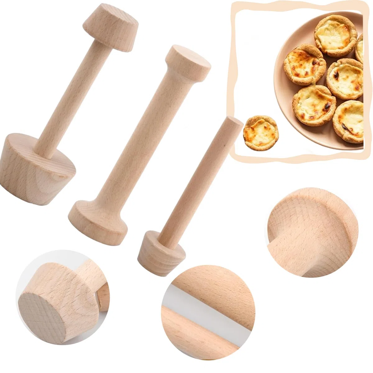3 Pezzis Stampi In Legno Per Crostate, Mini Doppia Stampo Per Crostate, Pasticceria Tamper Crostata, Tartelletta Pestello, Tartelletta Pestello In Legno Per Impasto Biscotti Pasticceria Pressa