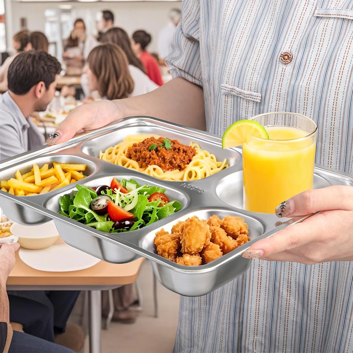 Tebery Confezione da 3 piatti rettangolari divisi in acciaio inossidabile, piatti piani a 5 sezioni per adulti, bambini, mangiatori esigenti, camper e controllo delle porzioni