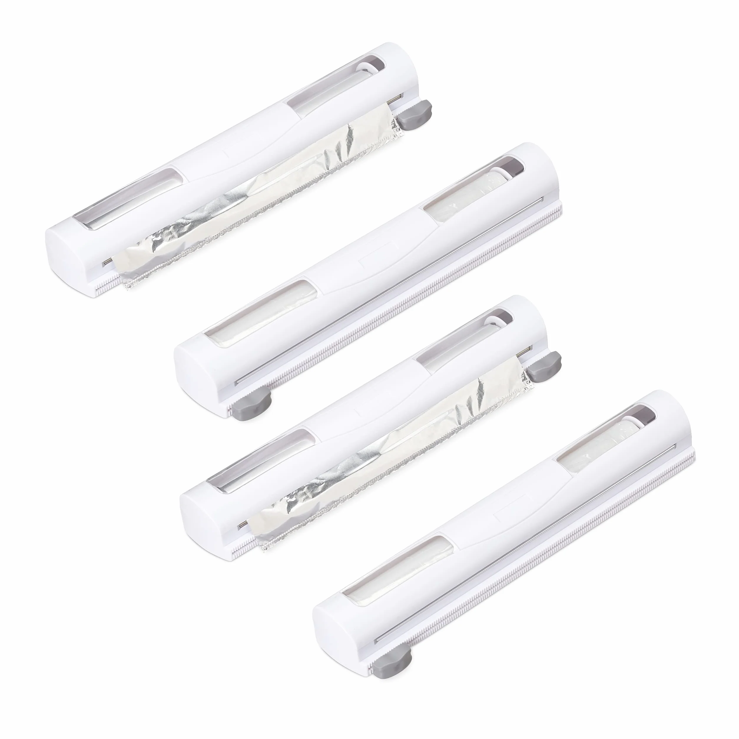 Relaxdays Set da 4 Taglia Pellicola da Cucina, Dispenser Porta Rotoli Plastica & Alluminio, HxLxP: 5 x 37 x 8 cm, Bianco