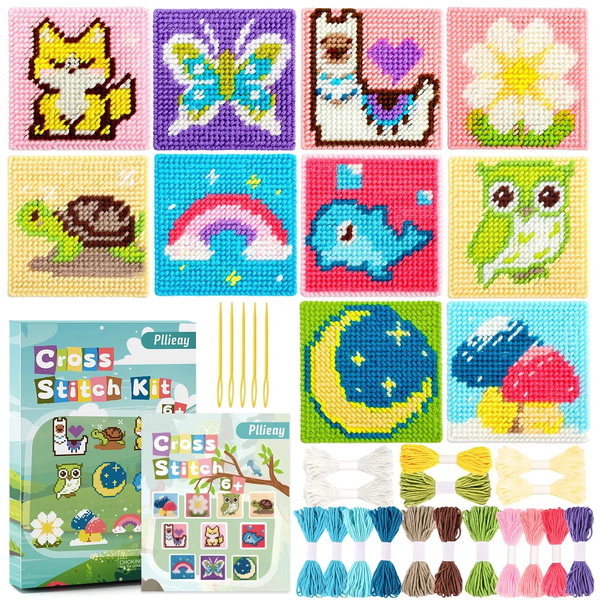 Pllieay Kit per Principianti di Punto Croce Bambini, Kit di Ricamo per Principianti Include 10 Pezzi di Tela in Plastica con Diversi Motivi, 14 Fili Colorati, Istruzioni e Scatola Colorata.