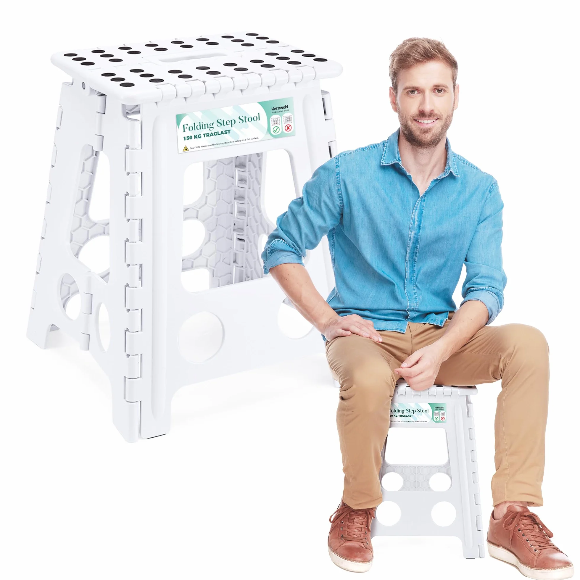 Sgabello Pieghevole da 40 cm, Bianco con Capacità 150 kg - Blocco di Sicurezza e Maniglia Girevole, Ideale per Casa