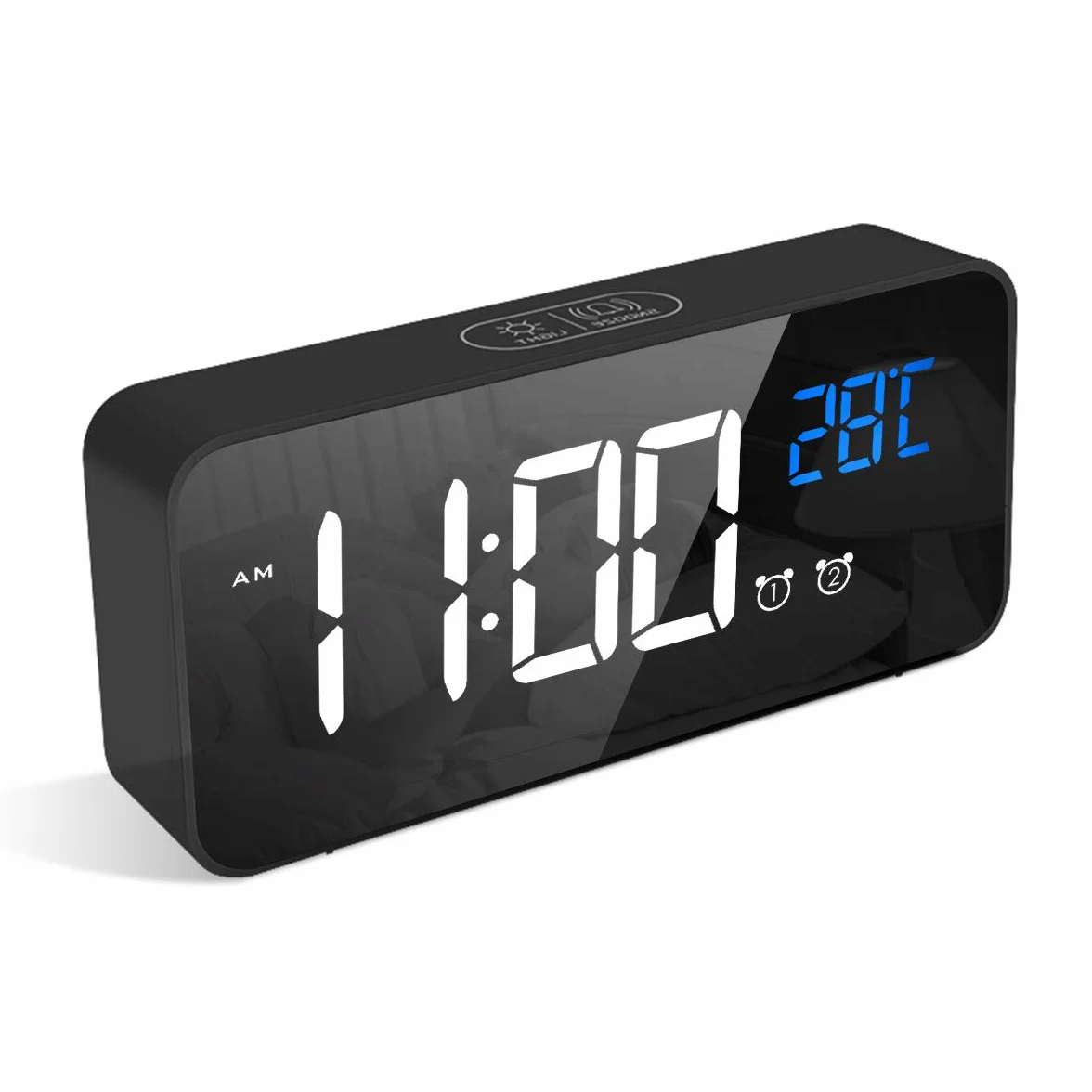 LATEC Sveglia Digitale con LED Temperatura Display Orologio con 10 Suoni di Allarme Porta di Ricarica USB Dimmer di Luminosità Regolabile a Sonnellino Allarme Specchio Portatile con Doppio Allarme