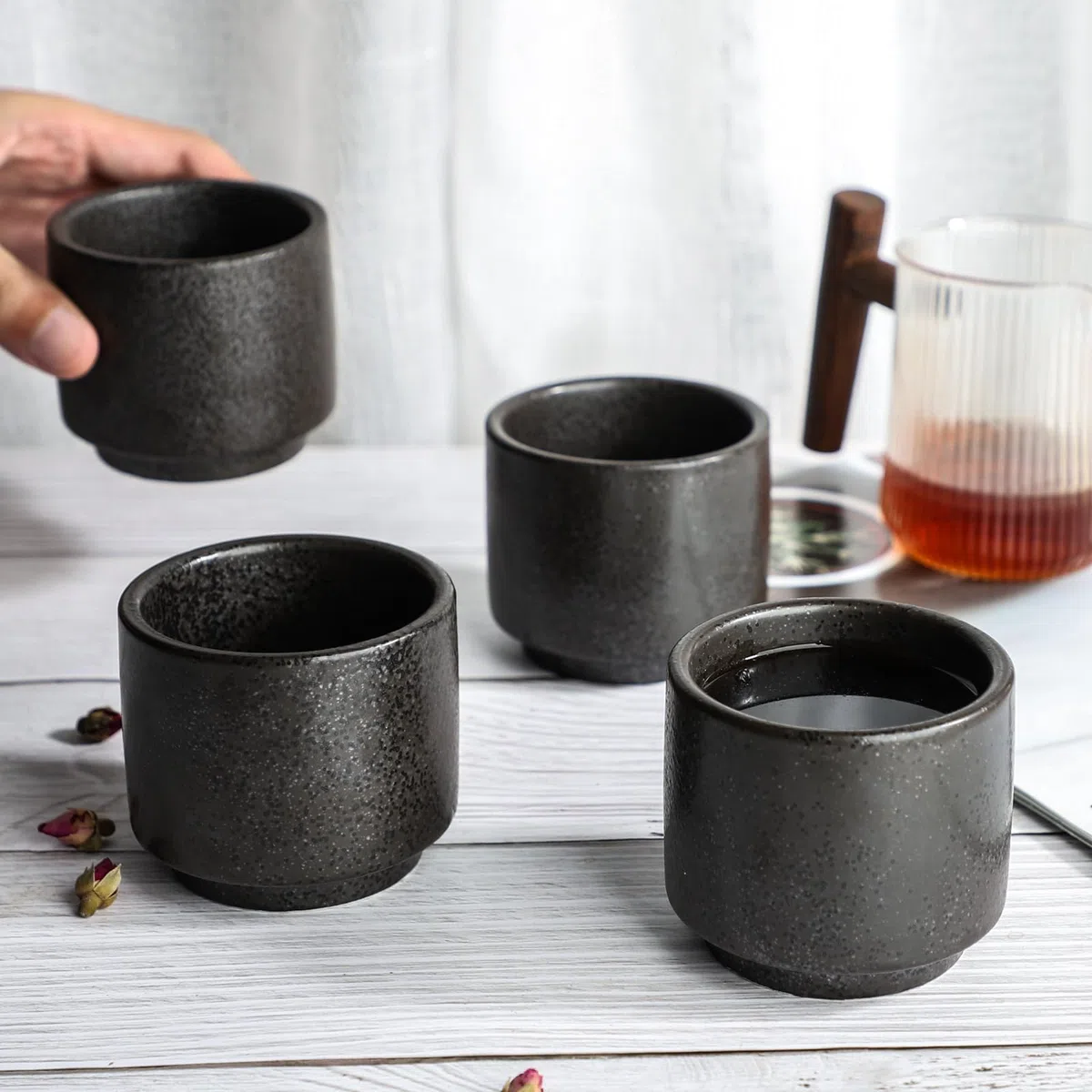 Tazze da tè in ceramica, 4 pezzi, 200 ml, set da tè giapponese (2 nero)