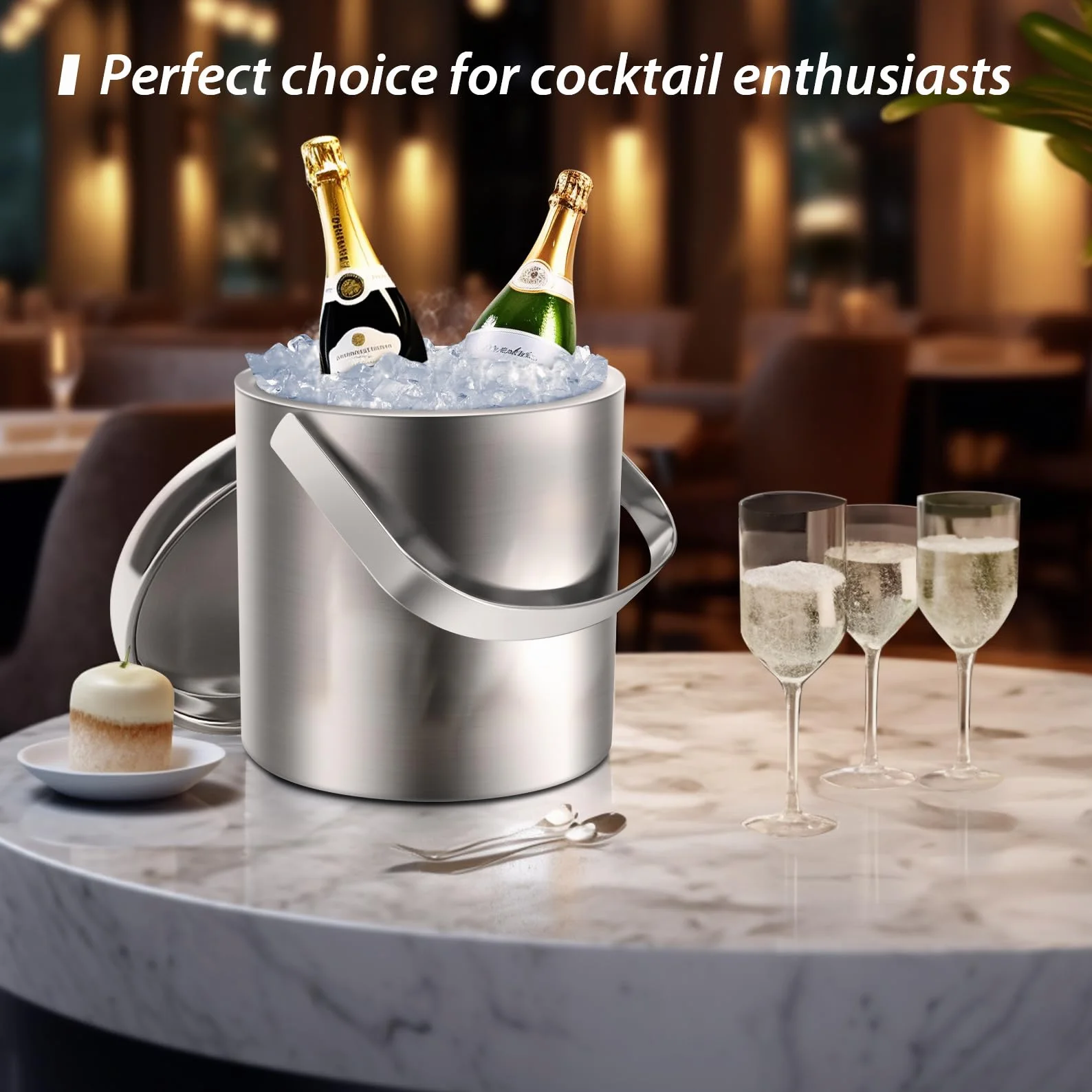 Sailnovo Secchiello per il Ghiaccio Isotermico Con Pinze Manico Coperchio 1,3L A Goppia Parete In Acciaio Inox, Portaghiaccio, Contenitore del Cubetto di Ghiaccio per Cocktail Bar, Feste