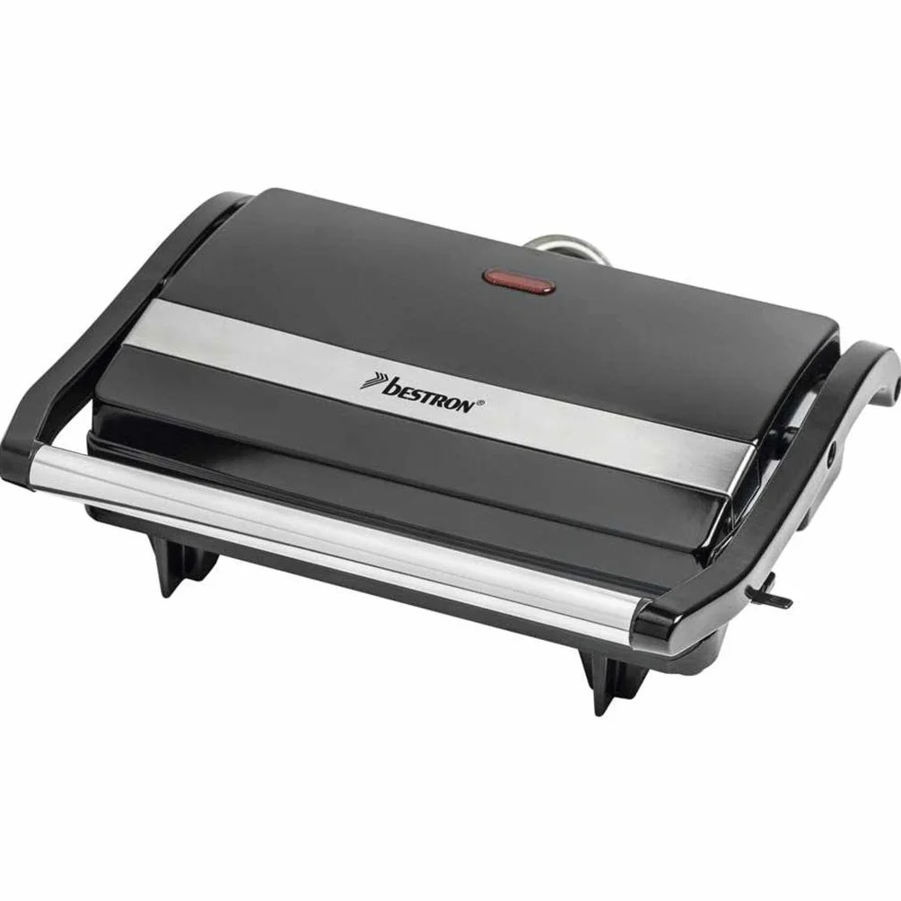 Bestron Piastra Tostapane, Griglia per panini con vassoio di raccolta, macchina per panini con impugnatura cool-touch e rivestimento antiaderente, 700 watt, Colore: Nero