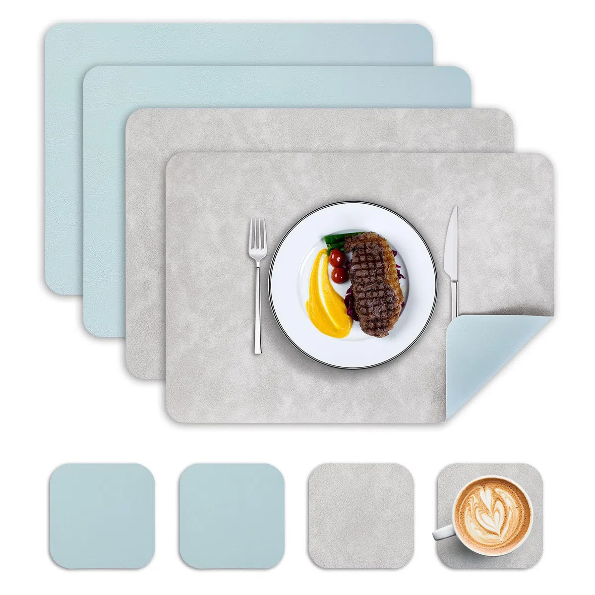 Set da tavolo lavabile, 4 tovagliette e sottobicchieri, set da tavolo in pelle double face, resistente al calore, antiscivolo, tovagliette in plastica (grigio chiaro blu chiaro)