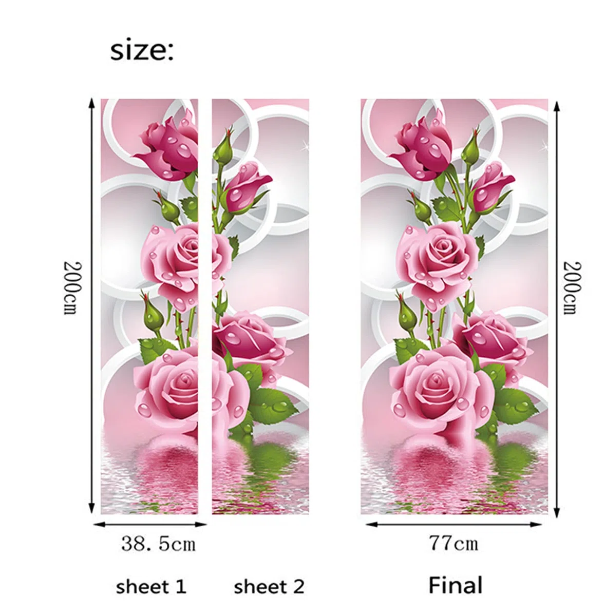FLFK Adesivi per porte Stacca e attacca - Cerchio di fiori di rosa Carta da parati autoadesiva per pareti e porte poster per la camera da letto e il soggiorno 77x200cm