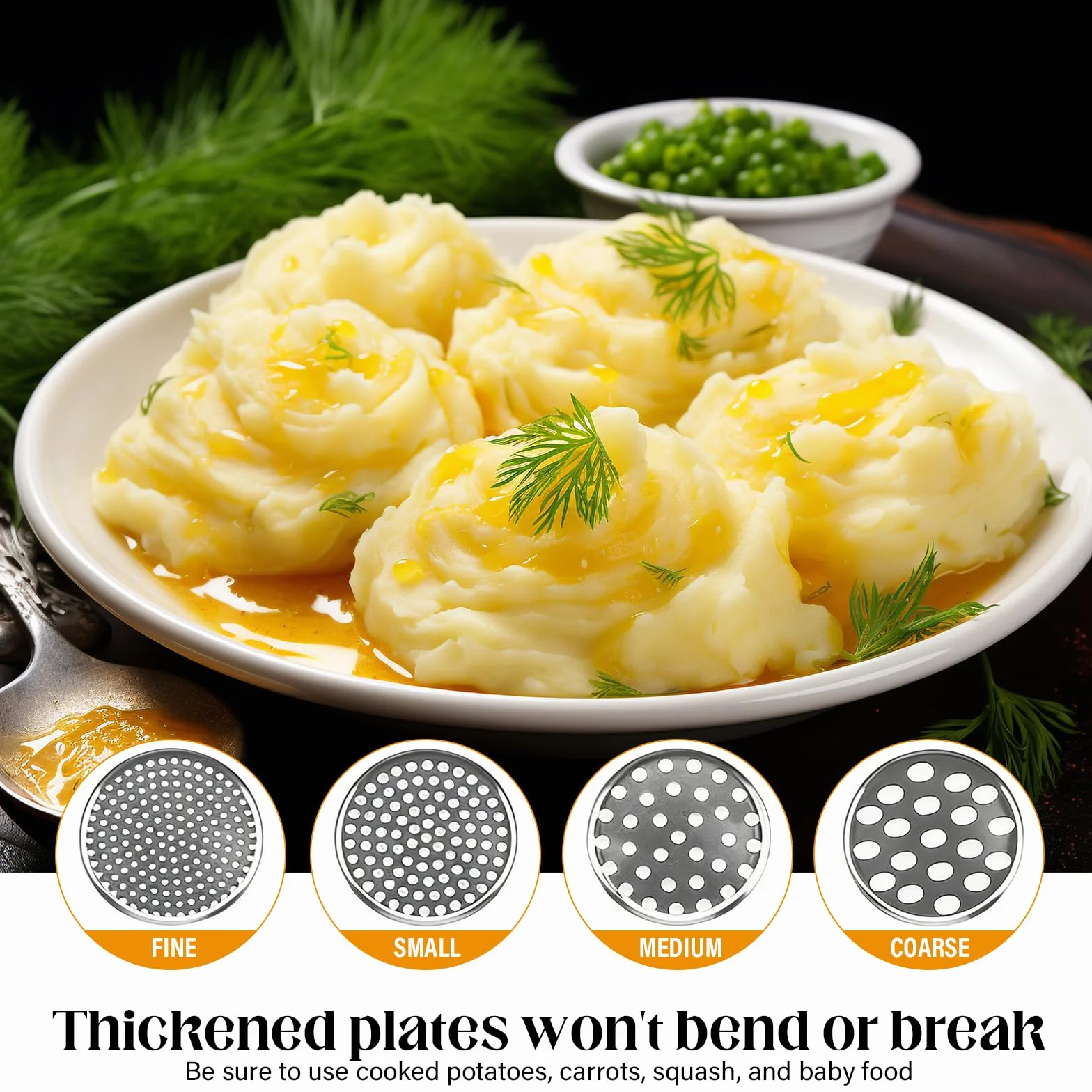 Schiacciapatate in Acciaio Inox con 4 Dischi e Pelapatate – Pressa per Patate Robusta e Professionale, per Purè, Gnocchi e Pappa per Bambini – Heavy Duty, Lavabile in Lavastoviglie