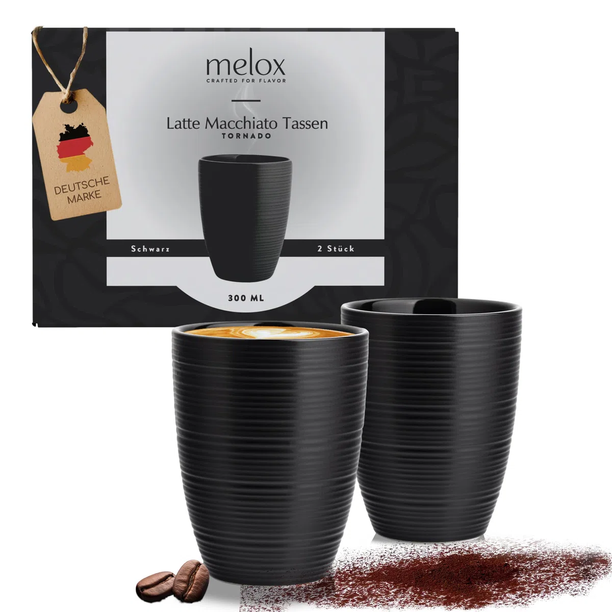 MELOX - Set di 2 tazze da latte macchiato Tornado Line Porcellana Nero senza manico - 2 tazze da 300 ml per latte, caffè e cappuccino a pareti spesse - tazze da caffè in design italiano