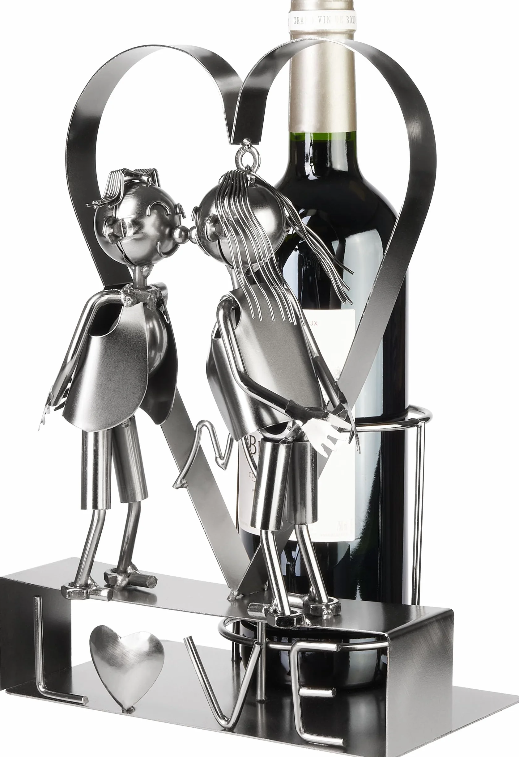 Brubaker Portabottiglie da Vino LOVE Coppia di Innamorati in un Grande Cuore di Metallo - 29 cm Regalo per Coppie al Matrimonio o al Compleanno - Portabottiglie da Vino con Biglietto di Auguri