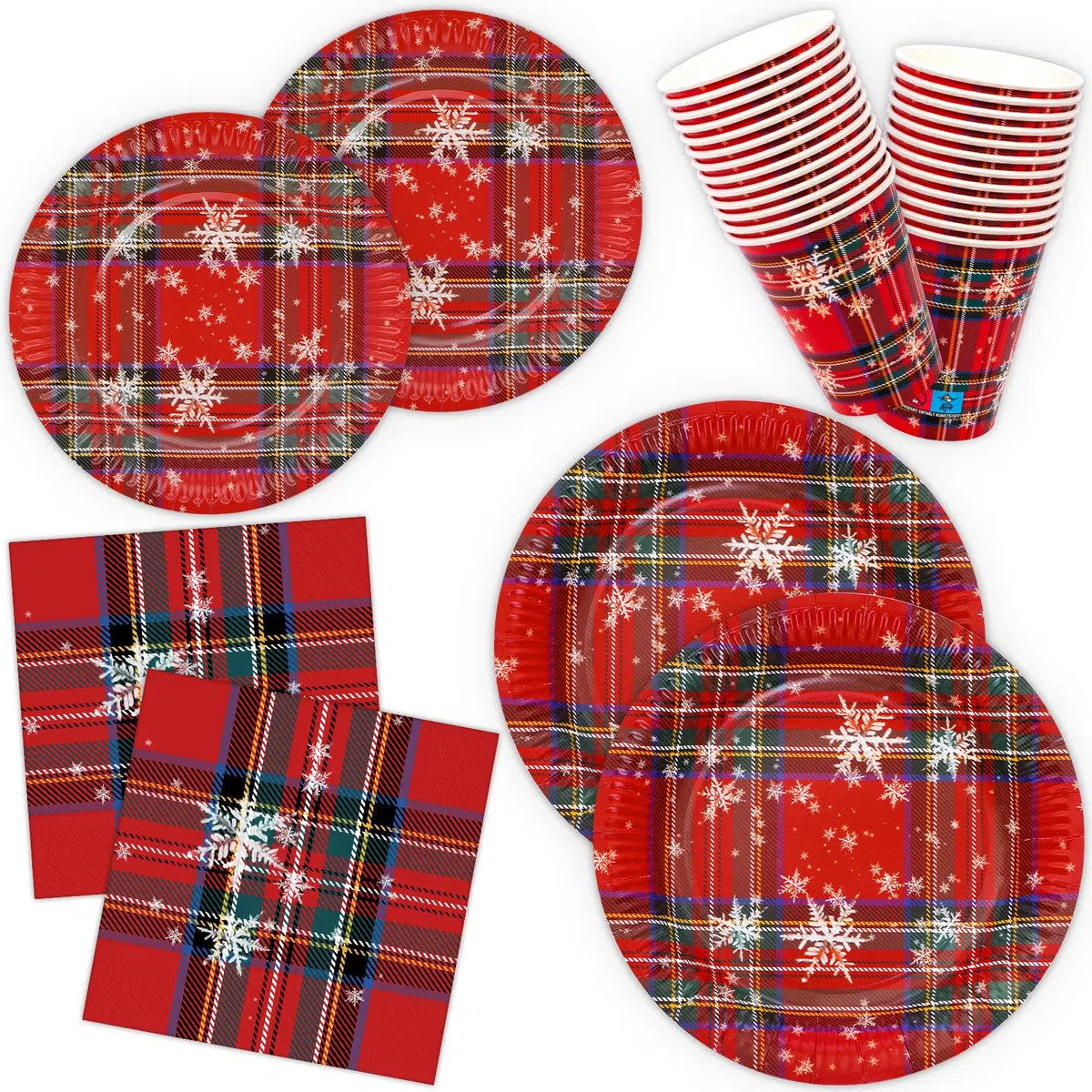 HNH Piatti, Tovaglioli e Bicchieri di carta Natale Rosso scozzese 100 pezzi Piatti di carta da dessert usa e getta Set di Stoviglie monouso per feste