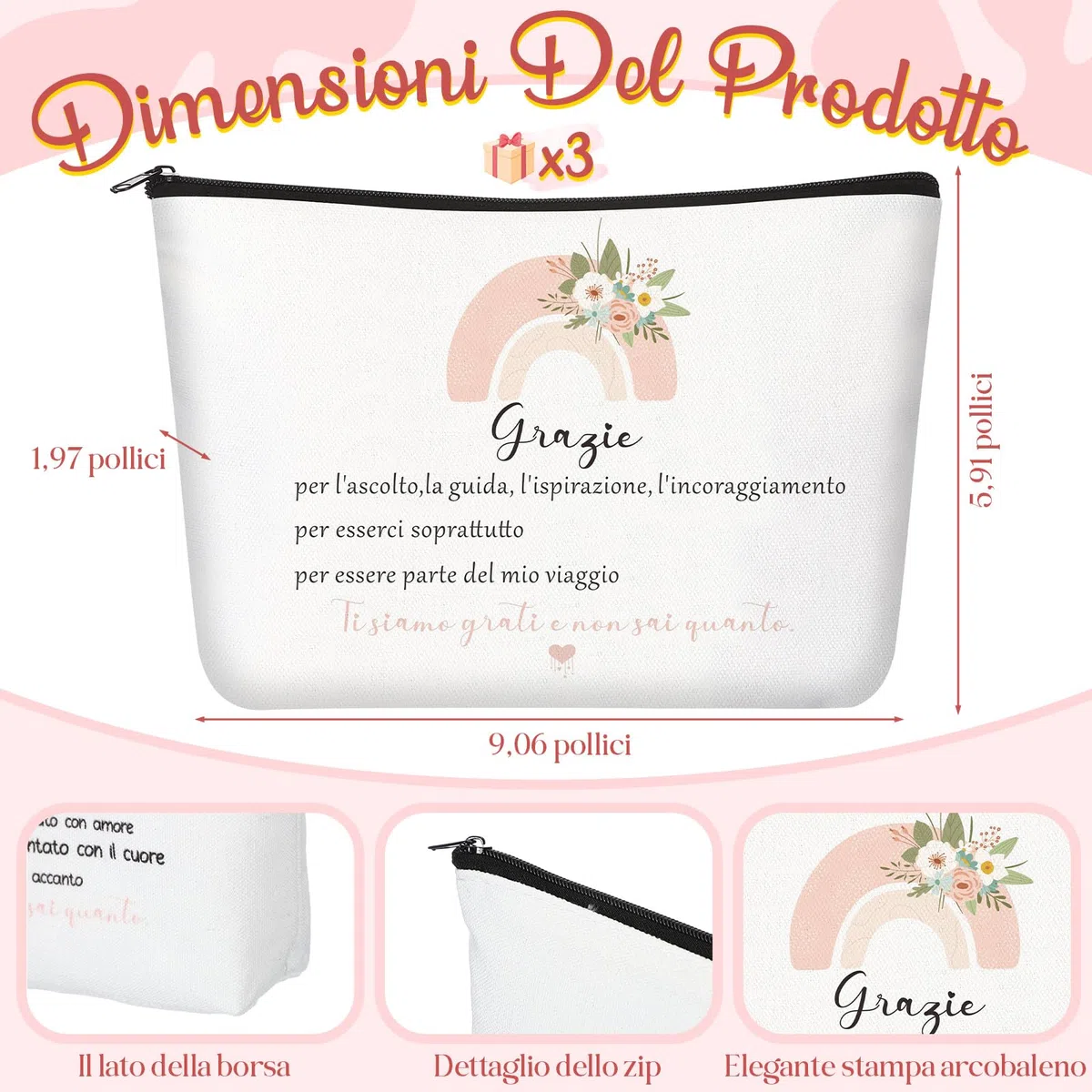Xuniea 3 Sets Regalo Maestra Regalo Maestra Fine Anno Regali per Insegnanti, Borse Cosmetici Portachiavi Penne e Biglietti per Grazie, Laurea, Compleanno, ‌Festa degli Insegnanti