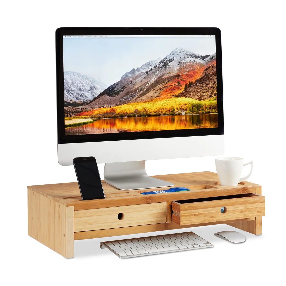 Relaxdays Supporto per Monitor, bambù, Rialzo per PC, 2 Tiretti & Scomparti, HLP 14 x 60 x 30 cm, Bianco/Legno Naturale