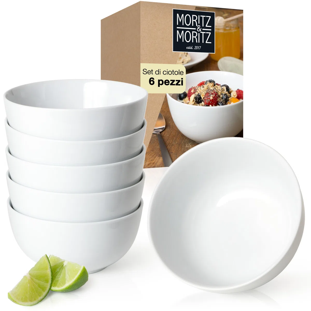 Moritz & Moritz BASIC set di ciotole in porcellana 6 pezzi - ciotole per cereali bianche Ø 14 x 7 cm, capacità circa 500 ml - bianco classico - ciotola per zuppe, insalate, dessert, muesli